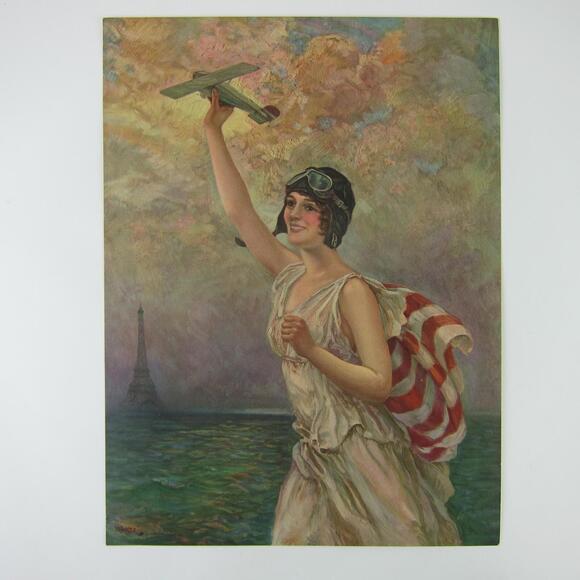 F.R. Harper Print Lady Aviator Pilot Cap Holds Plane American Flag Vintage 1930s